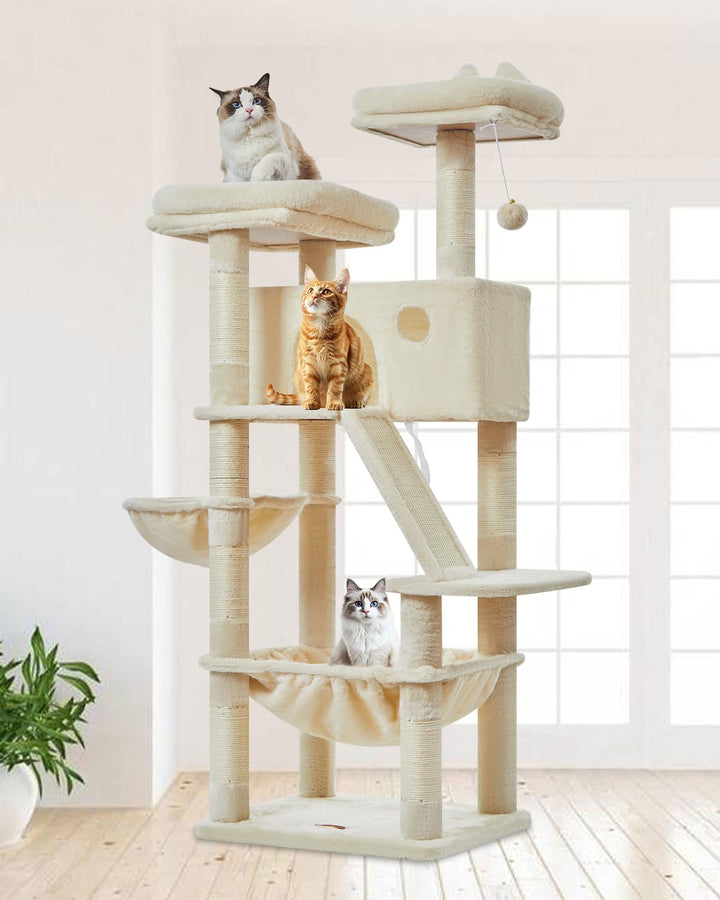 Taoqimiao 146CM Kratzbaum Gross, Katzenbaum Katzen Kratzbaum Grosse Katzen Stabil mit 2 Katzenhaus,