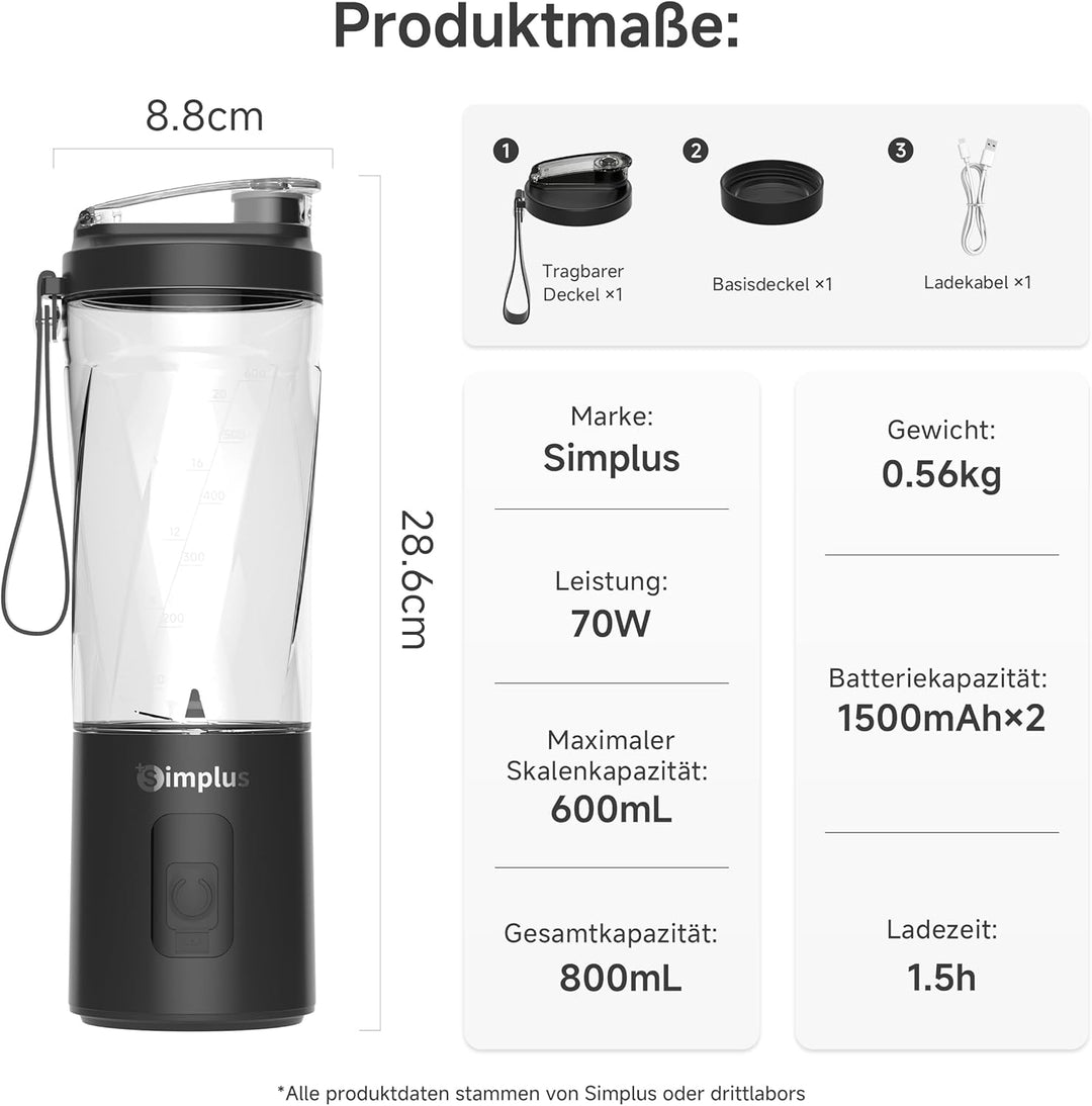 SIMPLUS Tragbarer Mixer 800ml Smoothie Maker To Go, USB-C Wiederaufladbarer Mini Standmixer, 6 Edels