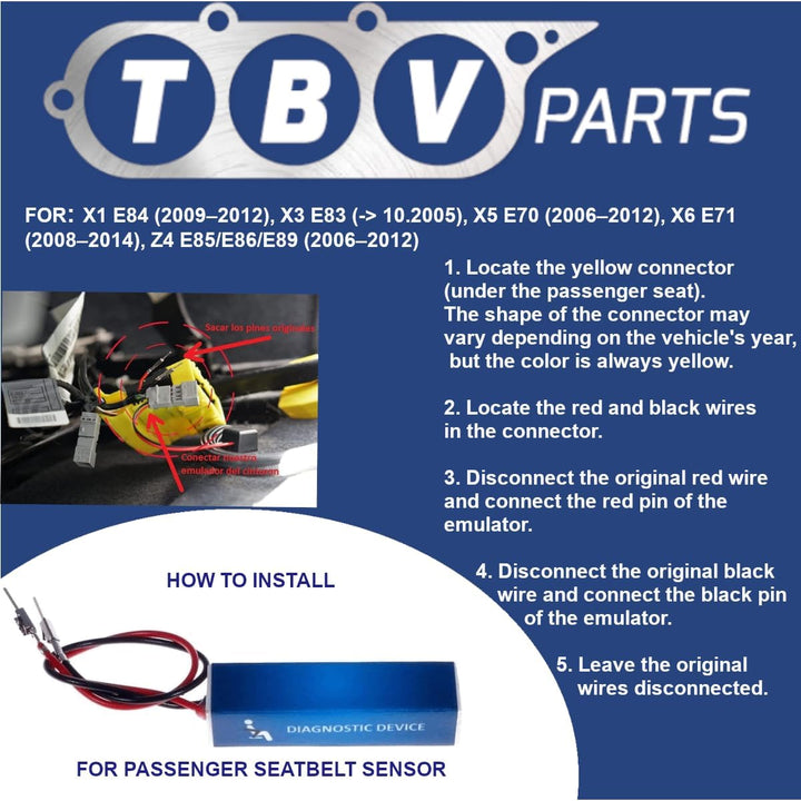 TBVPARTS Emulator Sensor Belegung Sitz SRS Emulator Bypass Simulator für E70 E71 E83 E84 E85 E86 E89