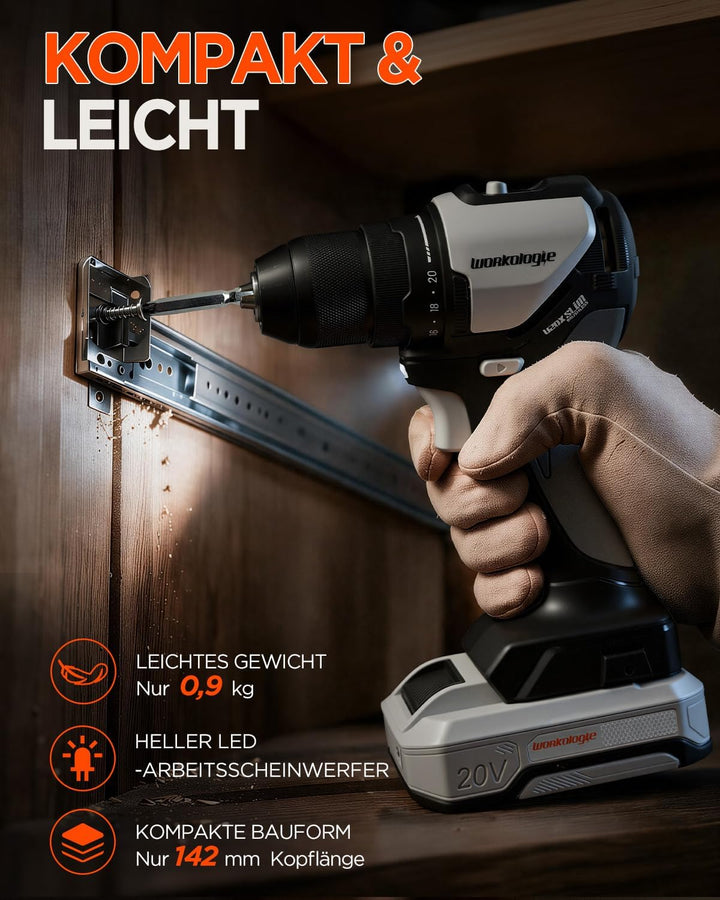20V Max Akku-Bohrschrauber, kompatibel mit Einhell Power X-Change, Solo Schwarz und Grau, Schwarz un