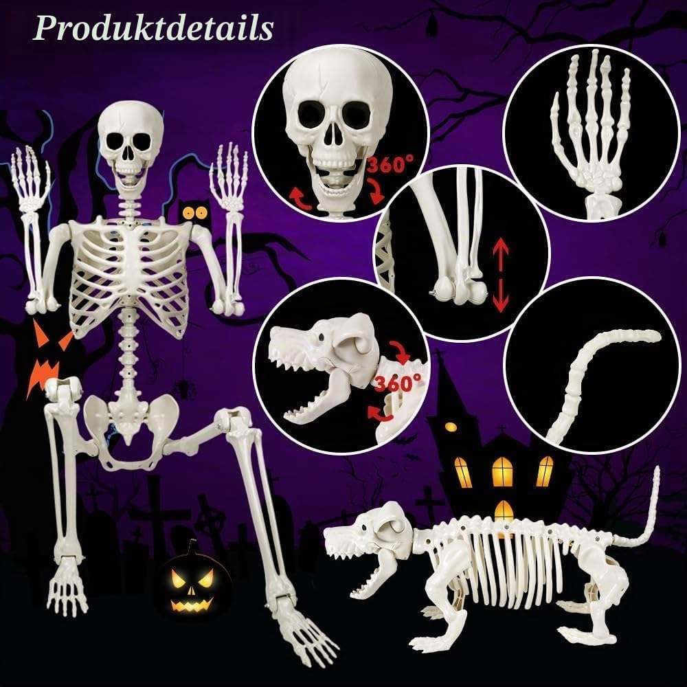 DIYDEC 165cm Halloween Bewegliches Skelett mit Hund, Ganzkörper Hunde Skelett Lebensgrosses Skelett