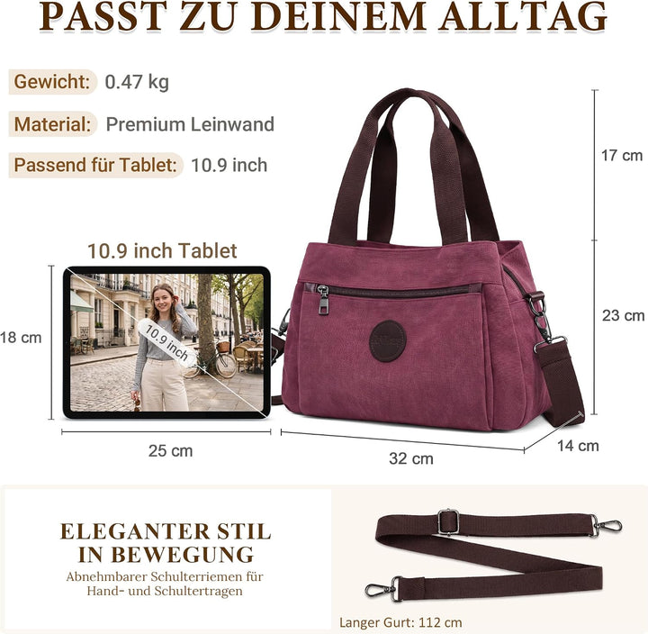 DIRRONA Canvas Tasche Damen – Vintage Handtasche Damen, Grosse Umhängetasche mit Mehreren Fächern, V