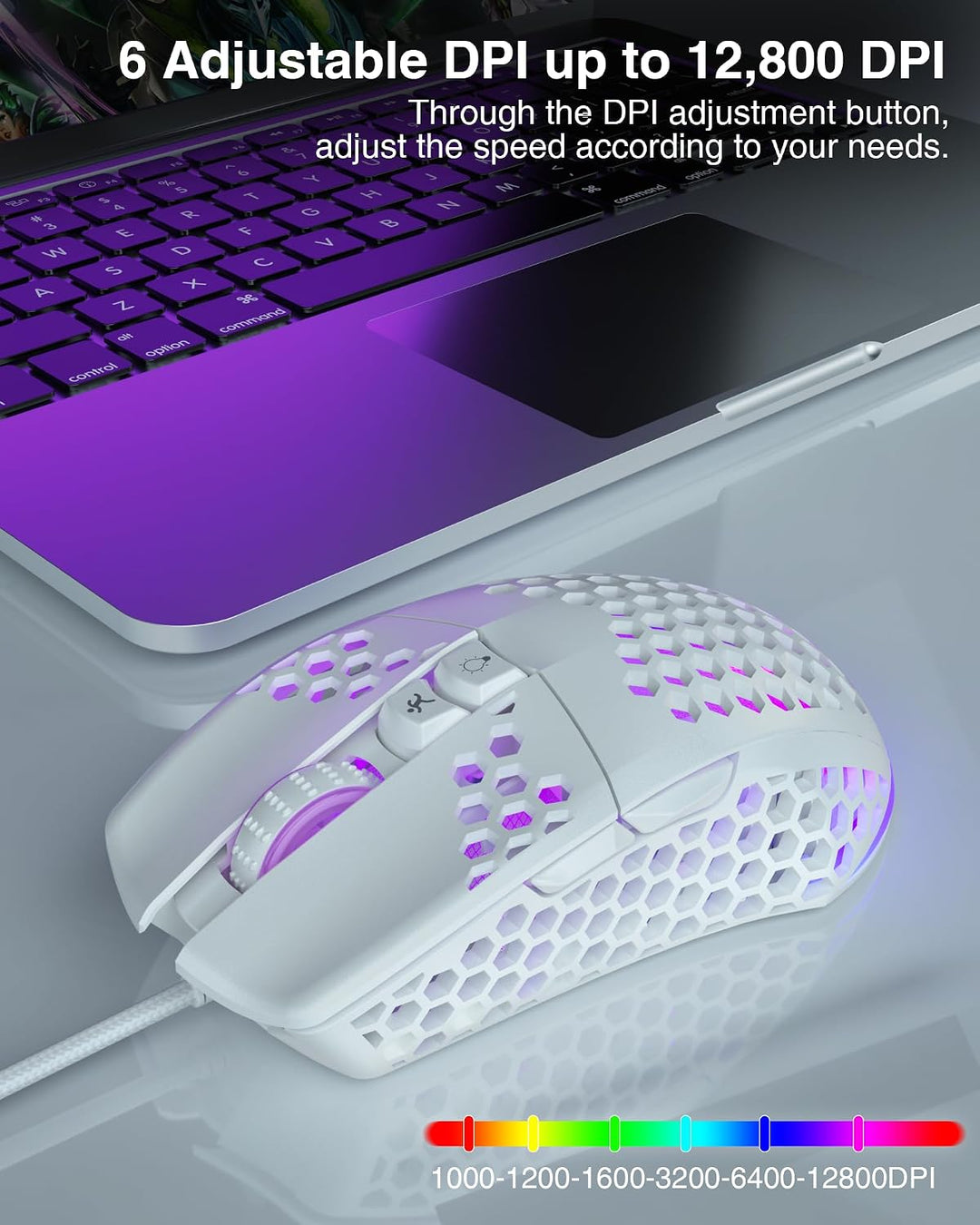 SOLAKAKA SM900 Gaming-Maus mit Wabenstruktur, 12800 DPI, 7 programmierbare Tasten, leichte Gaming-Ma