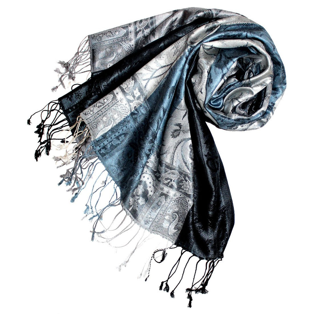 Lorenzo Cana Damen Pashmina 100% Seide Schal Schaltuch gewebt 70 cm x 190 cm Paisley silber blau Sei