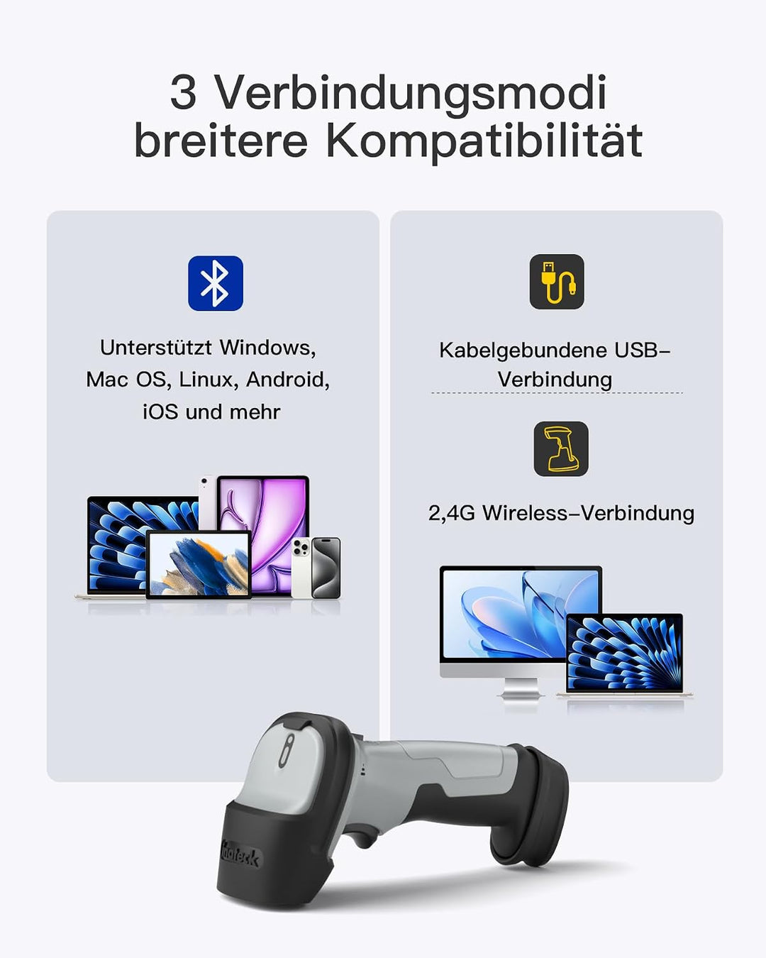 Inateck Barcode Scanner Bluetooth mit Ladestation, 1D/2D/QR, BCST-72S, Grau, Grau