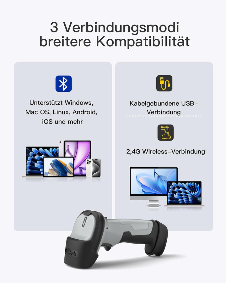 Inateck Barcode Scanner Bluetooth mit Ladestation, 1D/2D/QR, BCST-72S, Grau, Grau