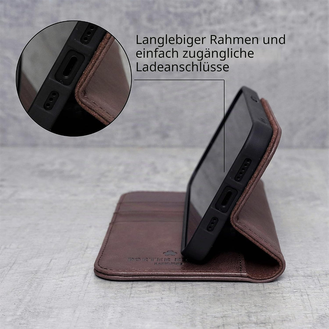 Porter Riley - Lederhülle kompatibel mit iPhone XR. Premium Echtleder Standhülle/Cover/Brieftasche m