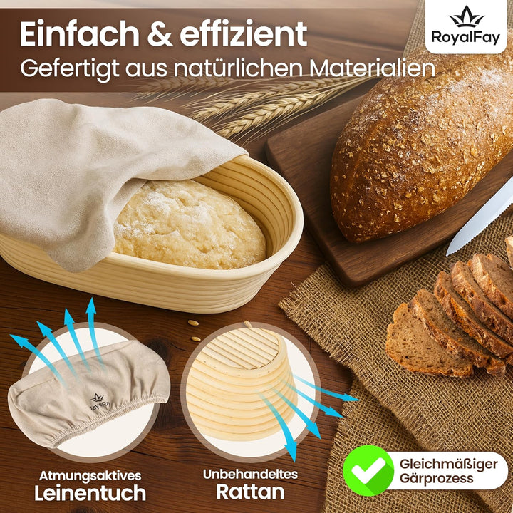 Gärkörbchen-Set – 1 ovaler (23cm) + 1 runder (23cm) Gärkorb aus atmungsaktiven Natur-Rattan – mit Me