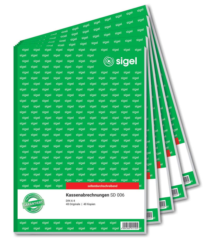 SIGEL SD006/5 Kassenabrechnungen A4, 2x40 Blatt, selbstdurchschreibend, 5er Pack 5 Stück, 5 Stück