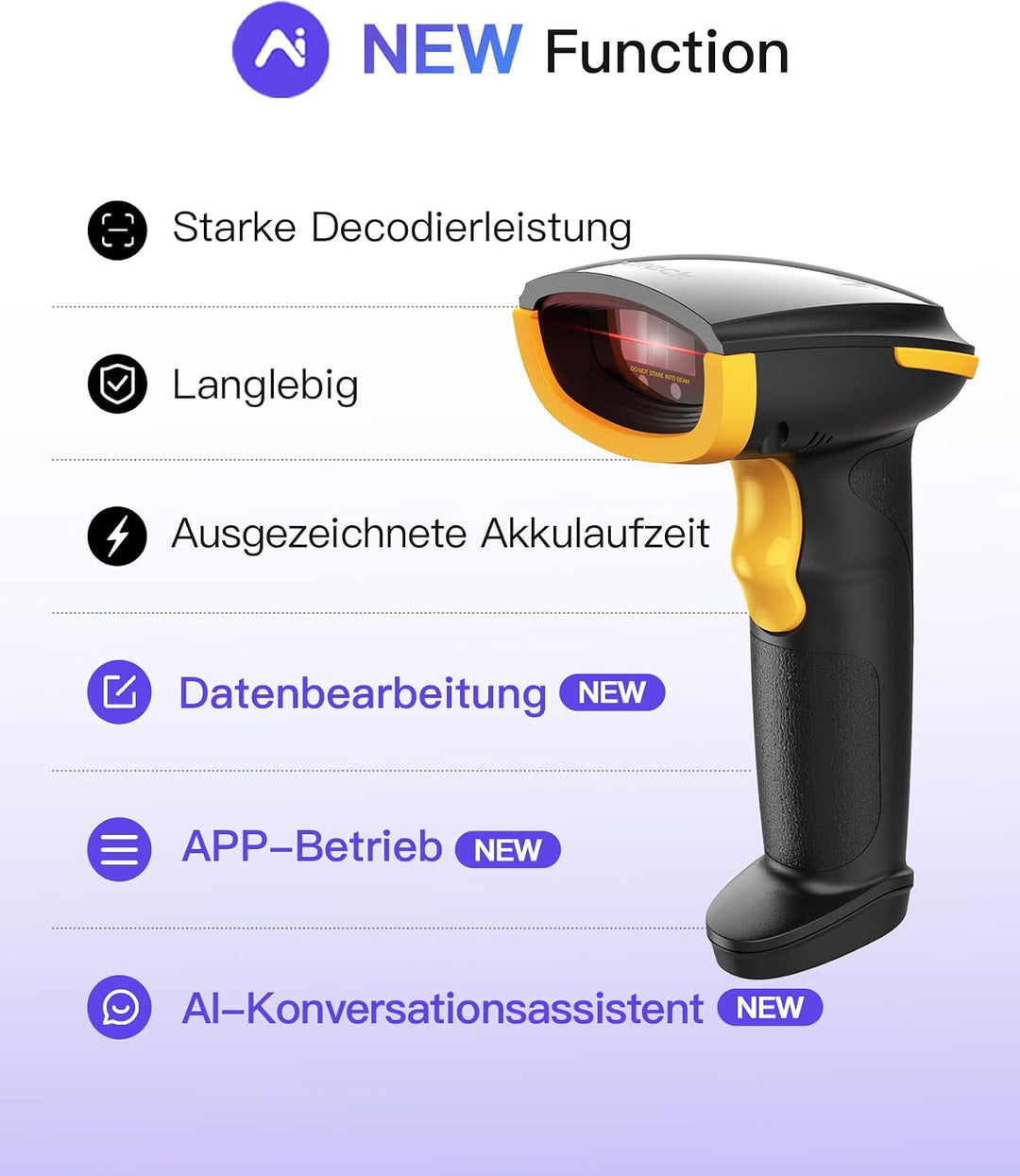 Inateck KI Barcode Scanner Bluetooth, 1D Handscanner Kabellos, Handheld Barcode Scanner, 1 Ladung in
