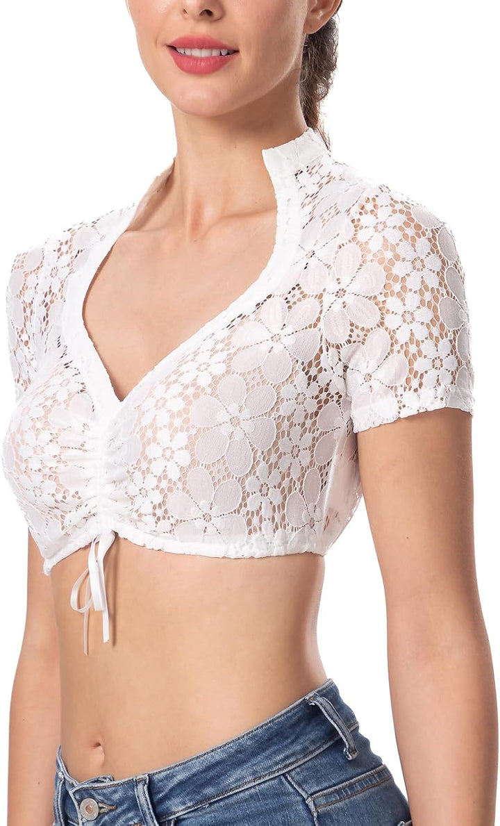 Dirndlbluse Damen Schlicht,Kurzarm Dirndl Bluse Creme Spitze 42 Creme-11, 42 Creme-11