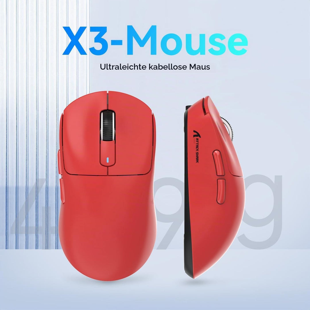 ATTACK SHARK X3 49g Ultraleicht Maus, PixArt PAW3395 Gaming-Sensor, BT/2,4G Kabellose/Kabelgebundene