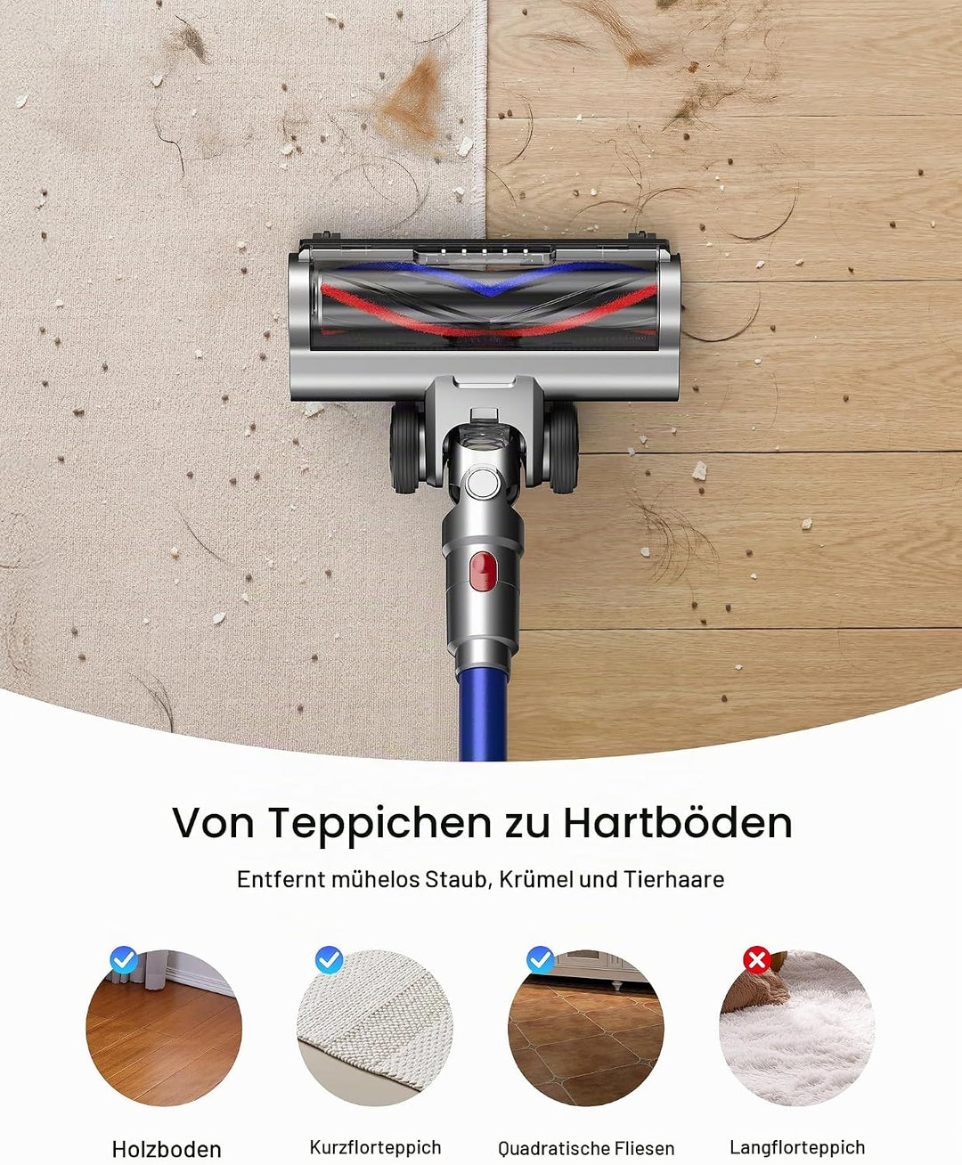 Akku Staubsauger für Zuhause kabelloser Stabstaubsauger: 45K Pa, 550 W, 65 Min, Anti-Tangle-Bürste,