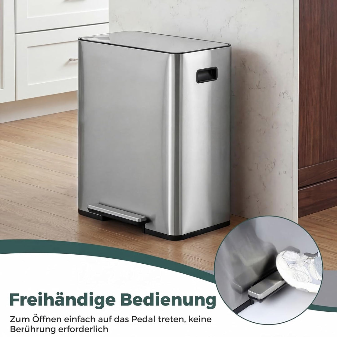COSTWAY Mülleimer Küche, 60L Mülltrennsystem 2 Fächer, Tretmülleimer aus Edelstahl mit Pedal &amp; Softc