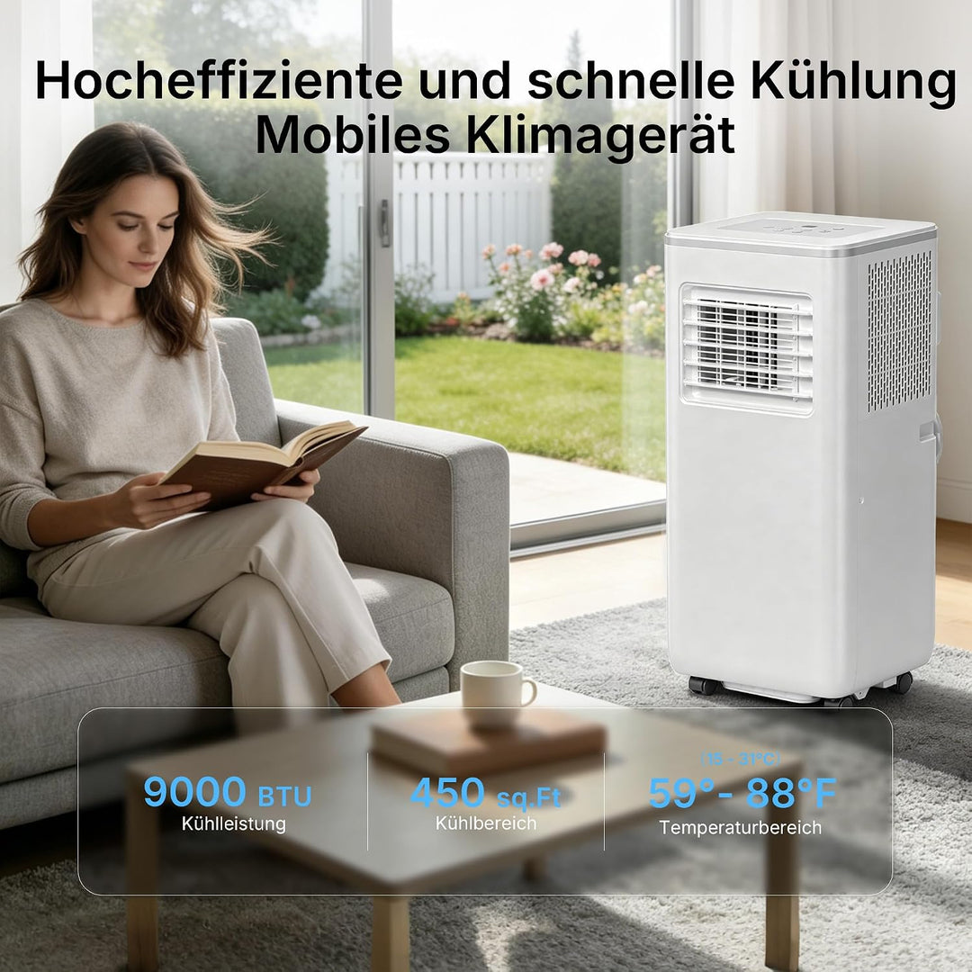 HEALLUX Mobile Klimaanlage 9000 BTU 2,6 kW, tragbares Klimagerät mit Fernbedienung &amp; Abluftschlauch,