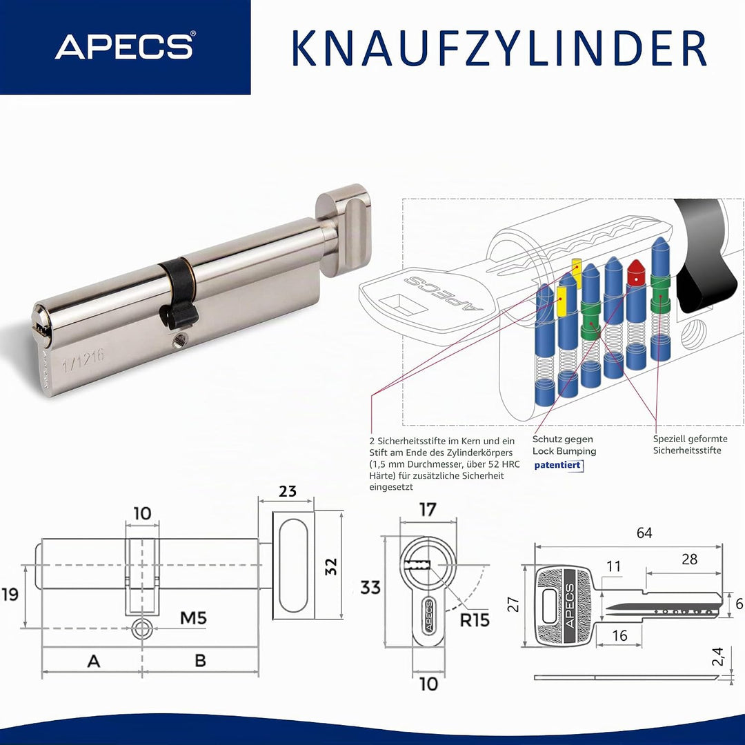 Knaufzylinder APECS Schliesszylinder mit Knauf Zylinderschloss 110 (50/60C) mm fur Türschloss Haustü