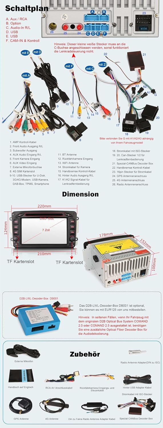 Erisin Android 14 4GB+64GB 8-Kern DVD Autoradio Bluetooth GPS Navi für Mercedes A/C/G/CLK Klasse W20
