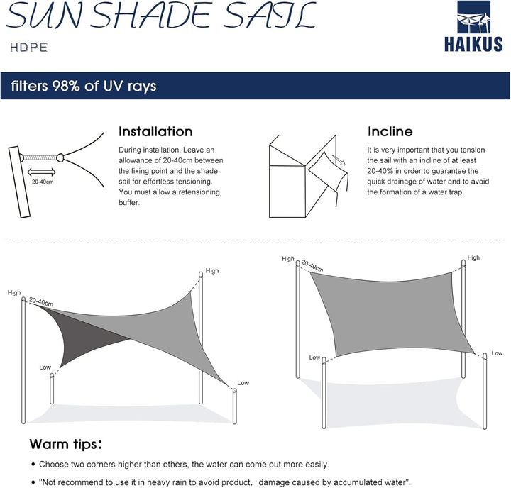 HAIKUS Sonnensegel 2x3 m Weiss Rechteckig, Premium HDPE UV Schutz Sonnenschutz Atmungsaktiv Wetterbe