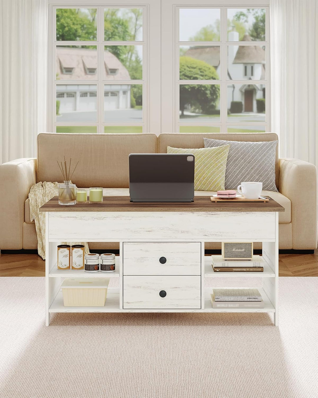 Hzuaneri Couchtisch, höhenverstellbarer Wohnzimmertisch, Sofatisch, 2 Schubladen und Versteckter Sta