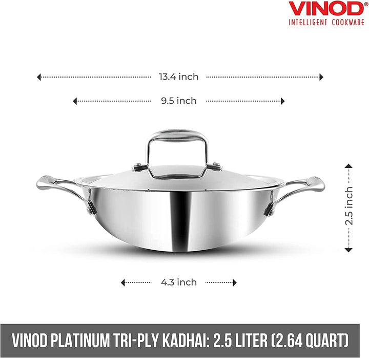 Vinod Kadai Wok-Kasserolle, extra tief, platiniert, dreilagig, induktionsfreundlich, Bratpfanne für