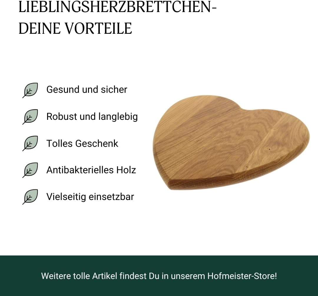 HOFMEISTER® Herzbrettchen Eichenholz - Rustikales Frühstücksbrett mit Herzform - Nachhaltiges Holzbr