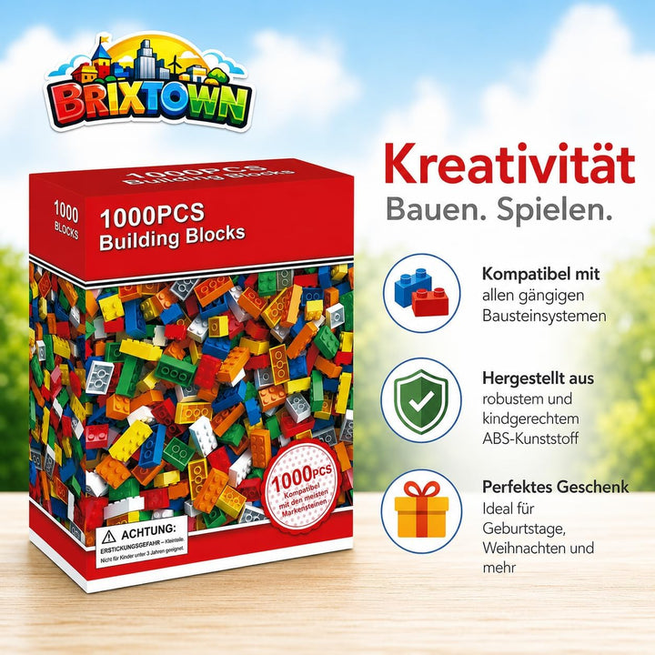 Bausteine Set - 1000 Bausteine, Grundfarben Mix - Kompatibel mit Allen gängigen Klemmbaustein-System