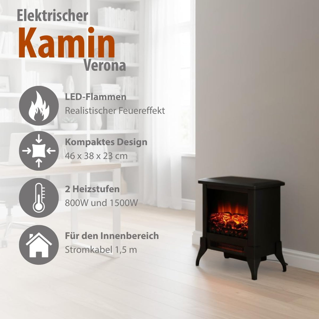Classic Fire Elektrokamin Verona - Elektrischer Kamin 2000W - mit Heizung und Kaminfeuer - Deko Kami
