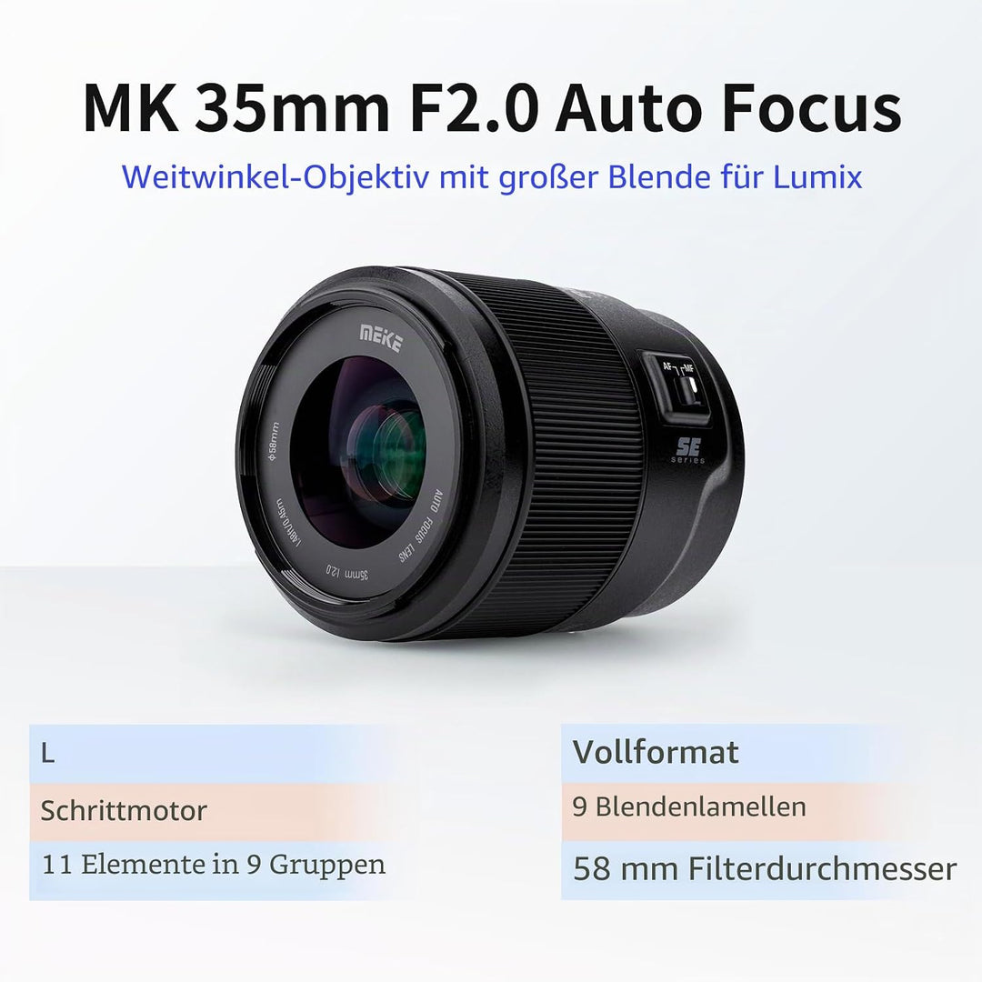 Meike 35 mm F2.0 Vollformat-Weitwinkel-AF-STM Autofokus, Feste Prime-Portrait-Objektive für Panasoni