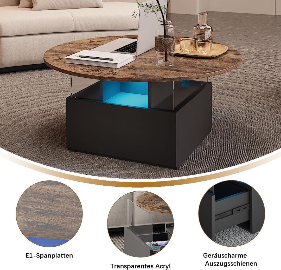 KEEPREAPER Couchtisch rund, Wohnzimmertisch mit 16-Farbiger LED Beleuchtung, für Wohnzimmer 80 x 80