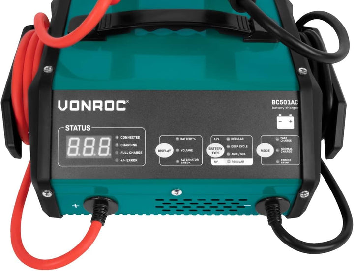 VONROC Batterieladegerät mit Starthilfe - Max. 15A - Für 6V oder 12V Blei-Säure-Batterien