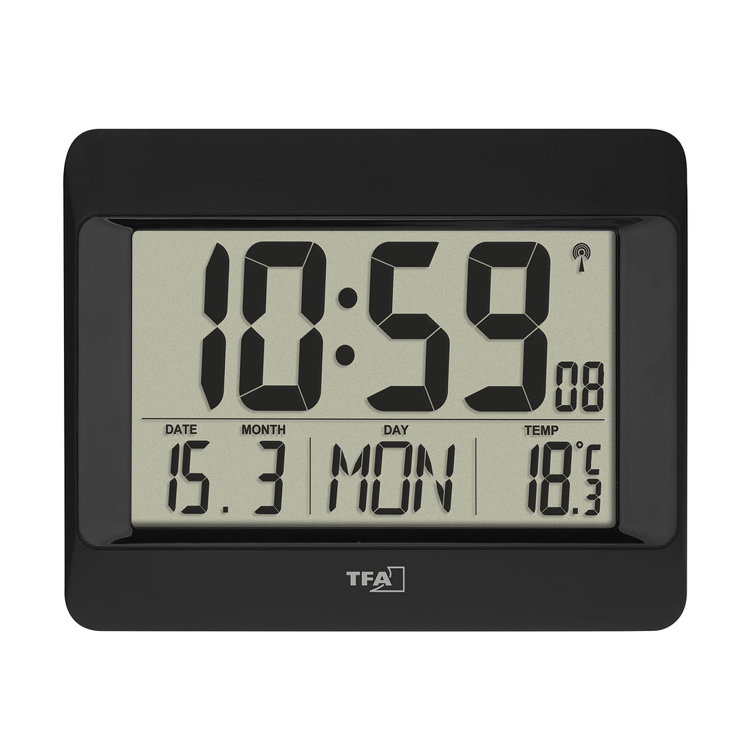 TFA Dostmann Wanduhr digital mit Funkuhr, modern, 60.4519.01 Schwarz, Schwarz