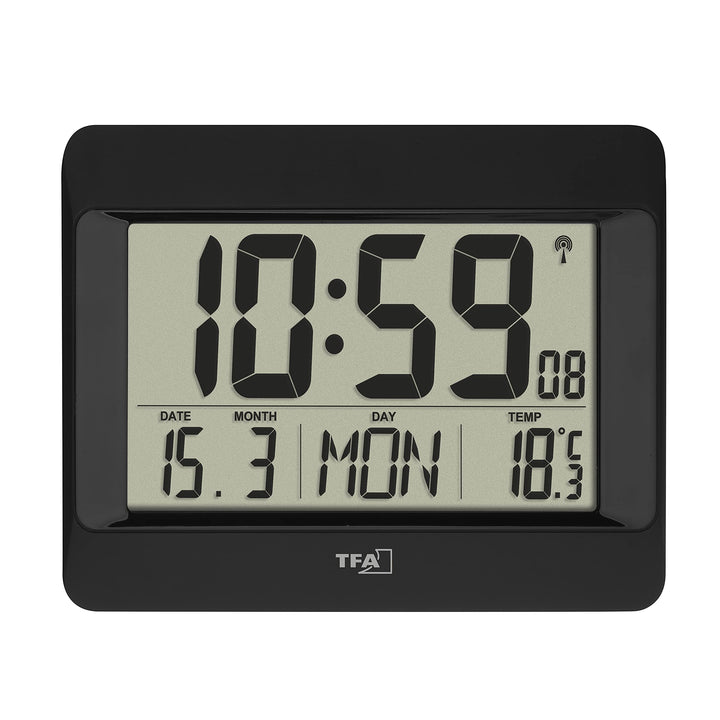 TFA Dostmann Wanduhr digital mit Funkuhr, modern, 60.4519.01 Schwarz, Schwarz