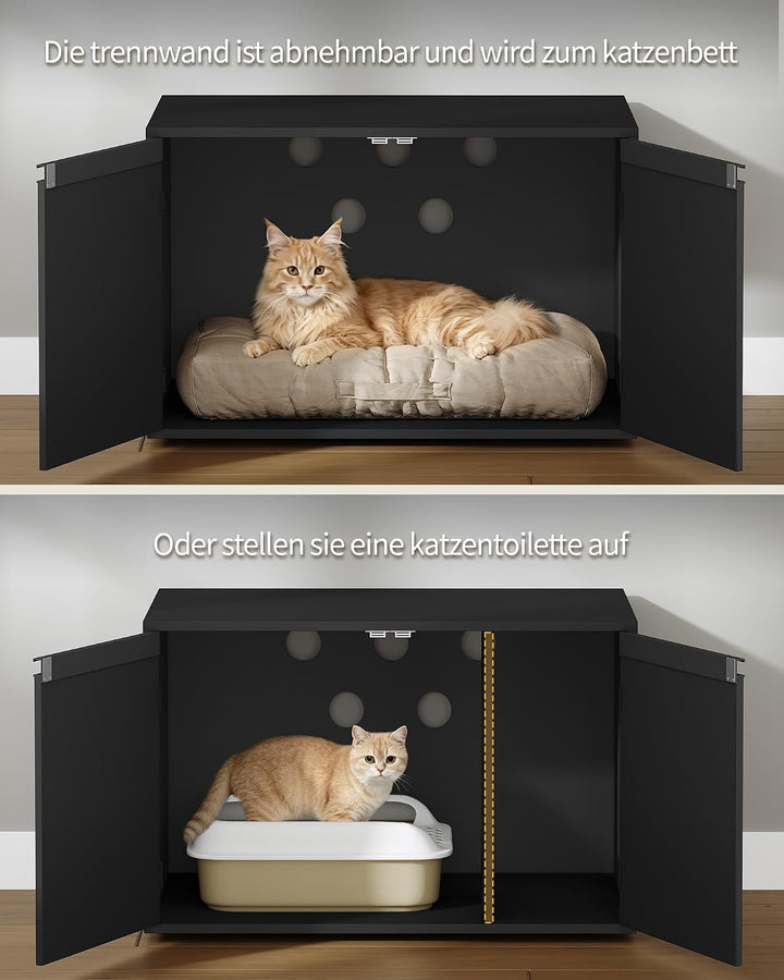 Hzuaneri Katzenschrank 80cm Katzenklo Schrank Ausbaubare Trennwand Schwarz | Katzenhaus Verstellbare