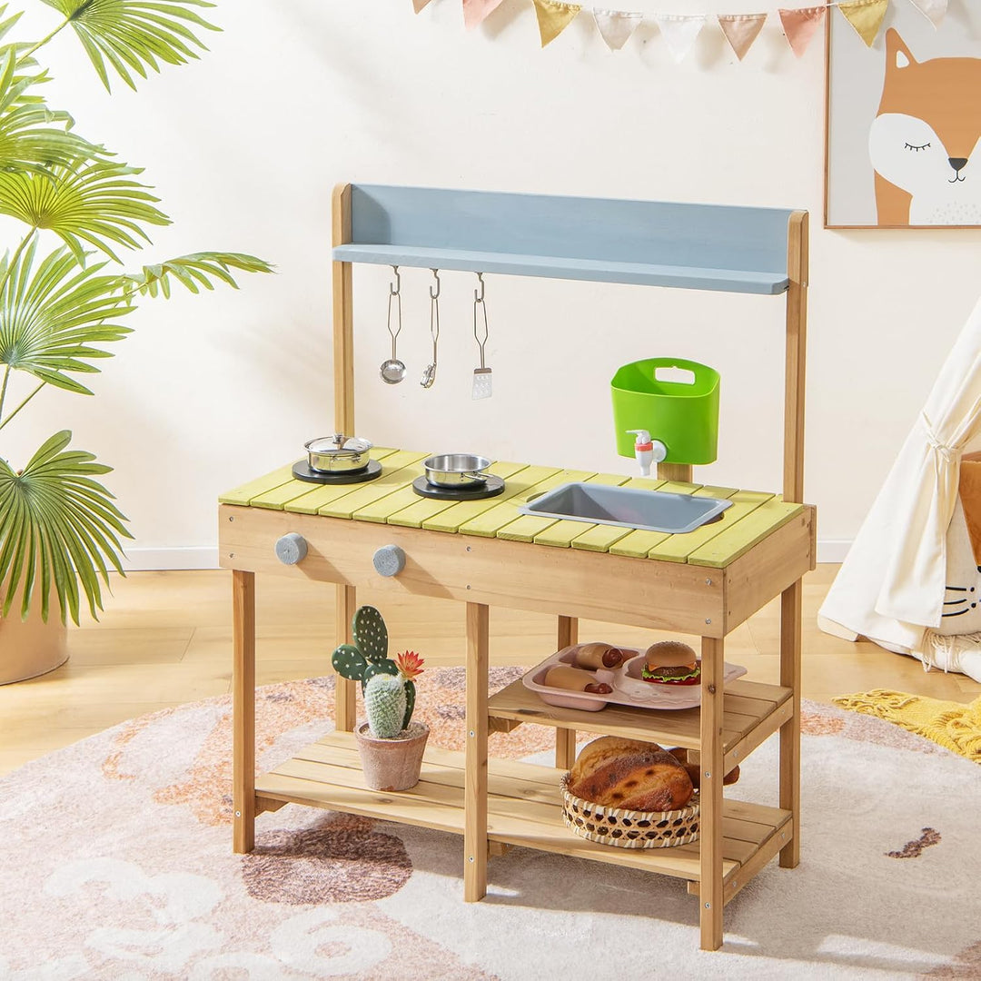 DREAMADE Matschküche Kinder Outdoor, Kinderküche mit Wassertank, Wasserhahn, Herd &amp; abnehmbarem Rega
