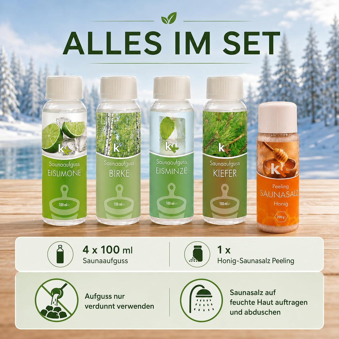 KK Sauna -Set mit Salz Peeling | KK Saunaaufgussset "Skandinavien" 4 x 100 ml + 200 g KK Saunasalz "