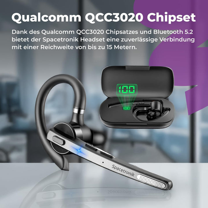 Spacetronik Bluetooth Headset mit Qualcomm Chip, Freisprechanlage Ohr