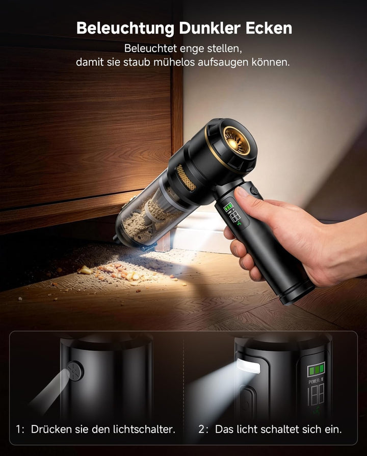 Handstaubsauger, 26000Pa Akku Staubsauger Kabellos mit LCD Display Schwarz, Schwarz
