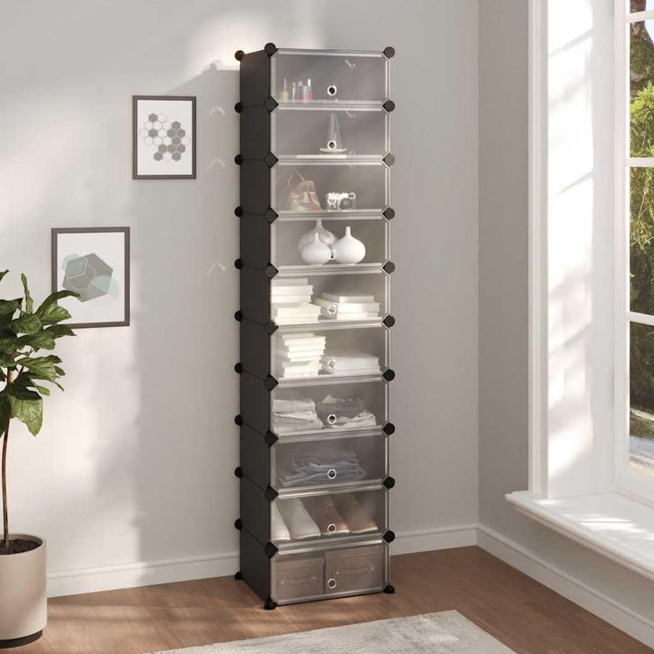 Schuhregal Schwarz 44x32x174 cm mit 11 grossen und 20 kleinen PP-Platten, faltbar und stapelbar, ide