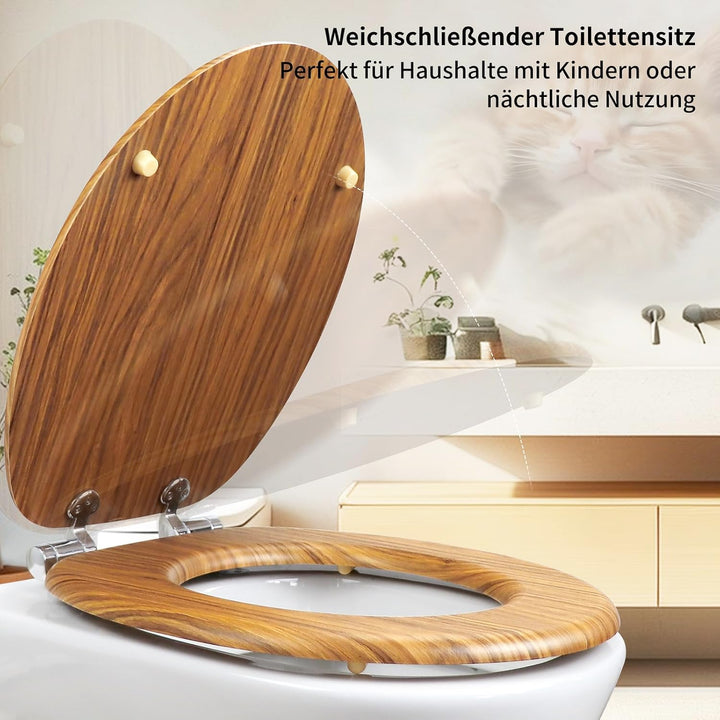 WC-Sitz mit Absenkautomatik, Toilettendeckel aus stabilem MDF-Holzkern, Verstellbare Scharniere aus
