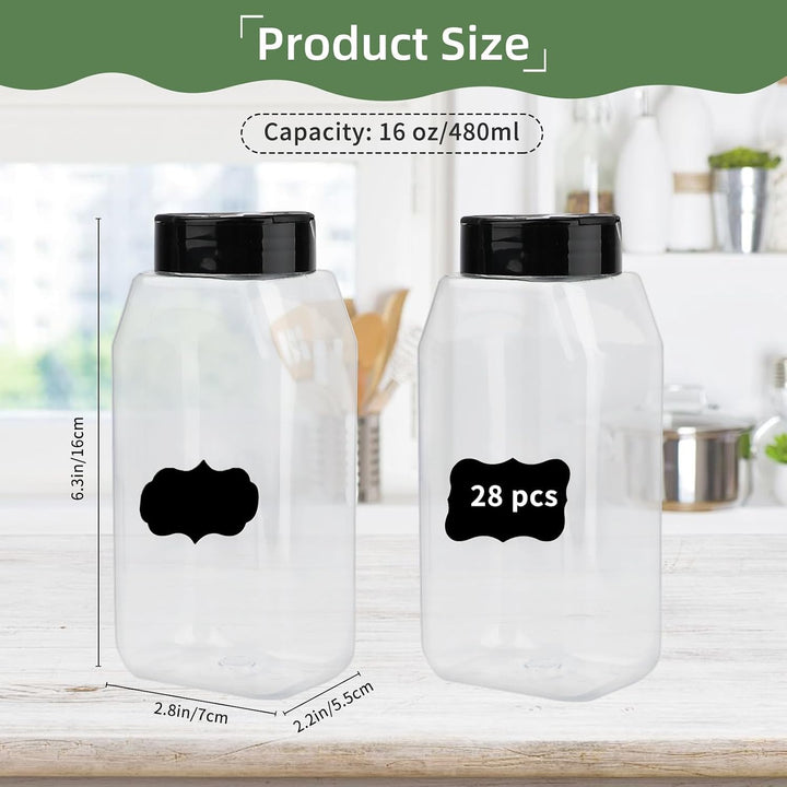 28 Stück Gewürzgläser Set 16oz/480ml Kunststoff Gewürzbehälter mit schwarzem Deckel Gewürzstreuer Ku
