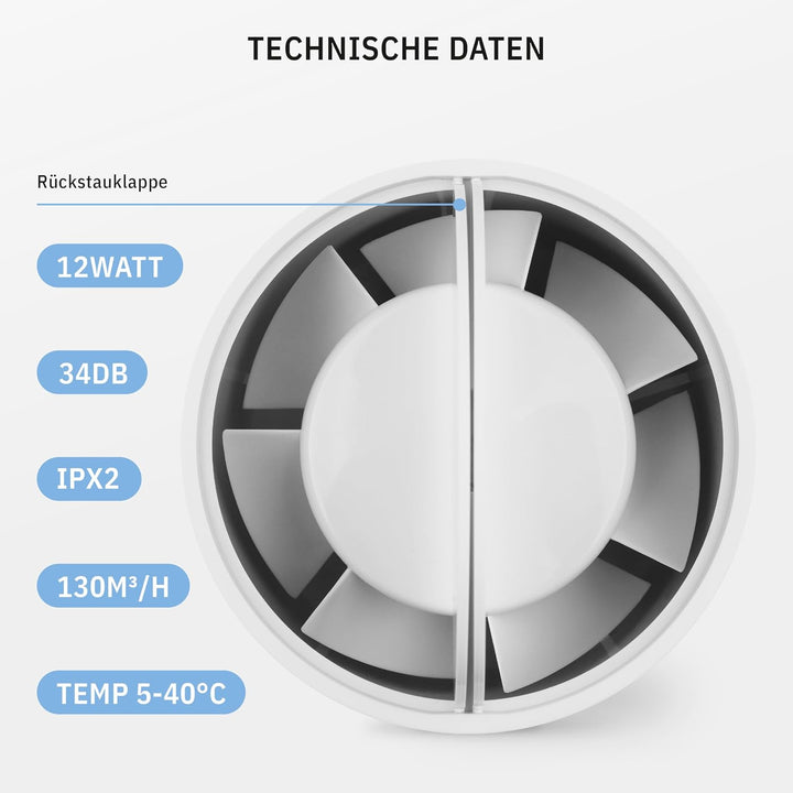 INLINE Zuluft-Abluftventilator 100mm, Rohrventilator mit Rückstauklappe, Badlüfter, Grow Tent, Boost