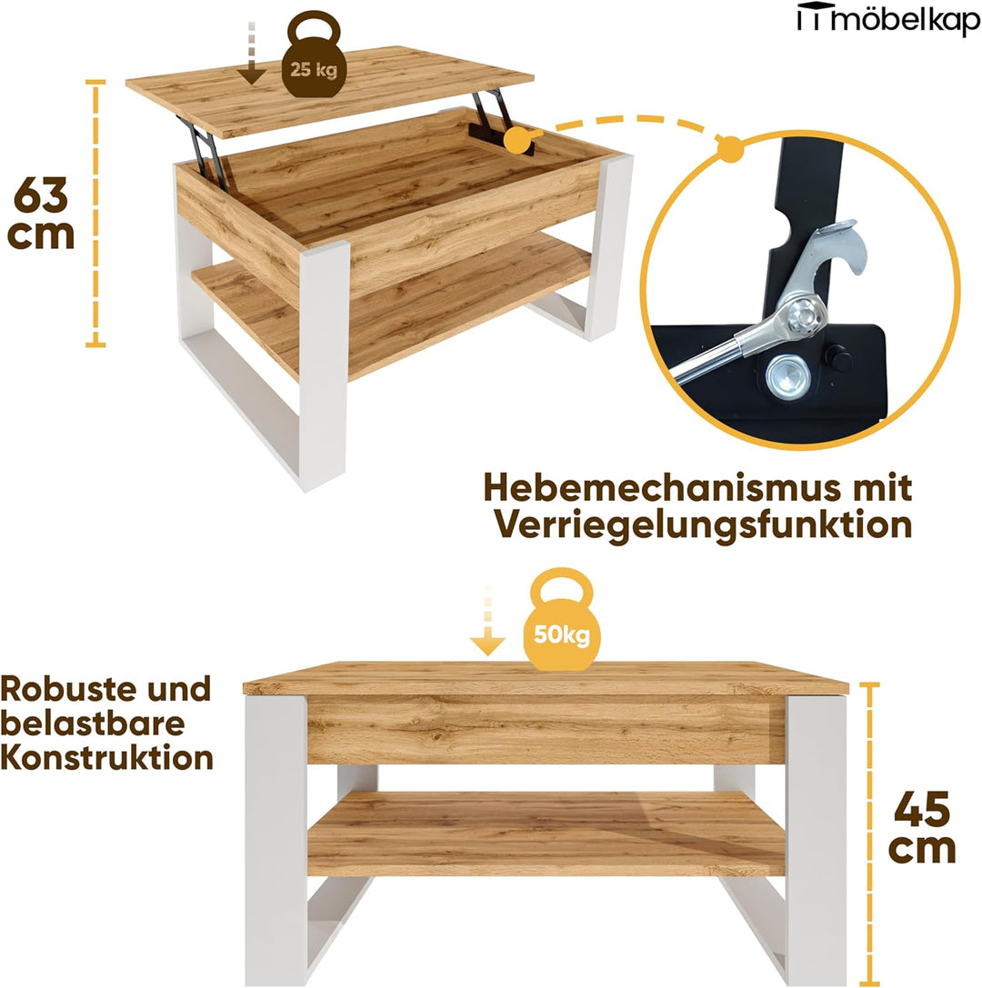 Couchtisch mit anhebbarer Platte | Höhenverstellbarer Wohnzimmertisch mit Stauraum | Sofatisch Eiche