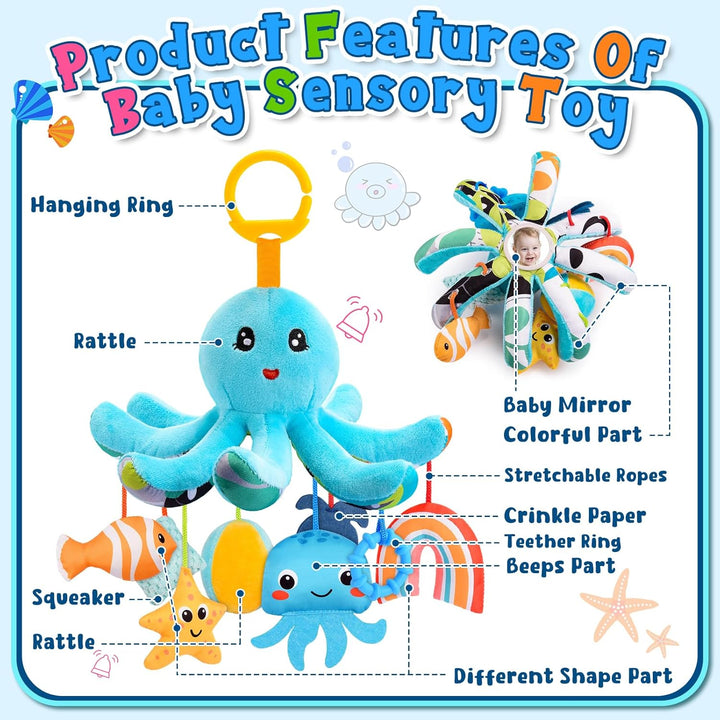Plüsch Oktopus Baby Spielzeug 0-18 Monate – mit 8 hängenden Sensory-Spielzeugen &amp; Spiegel– Baby Mont