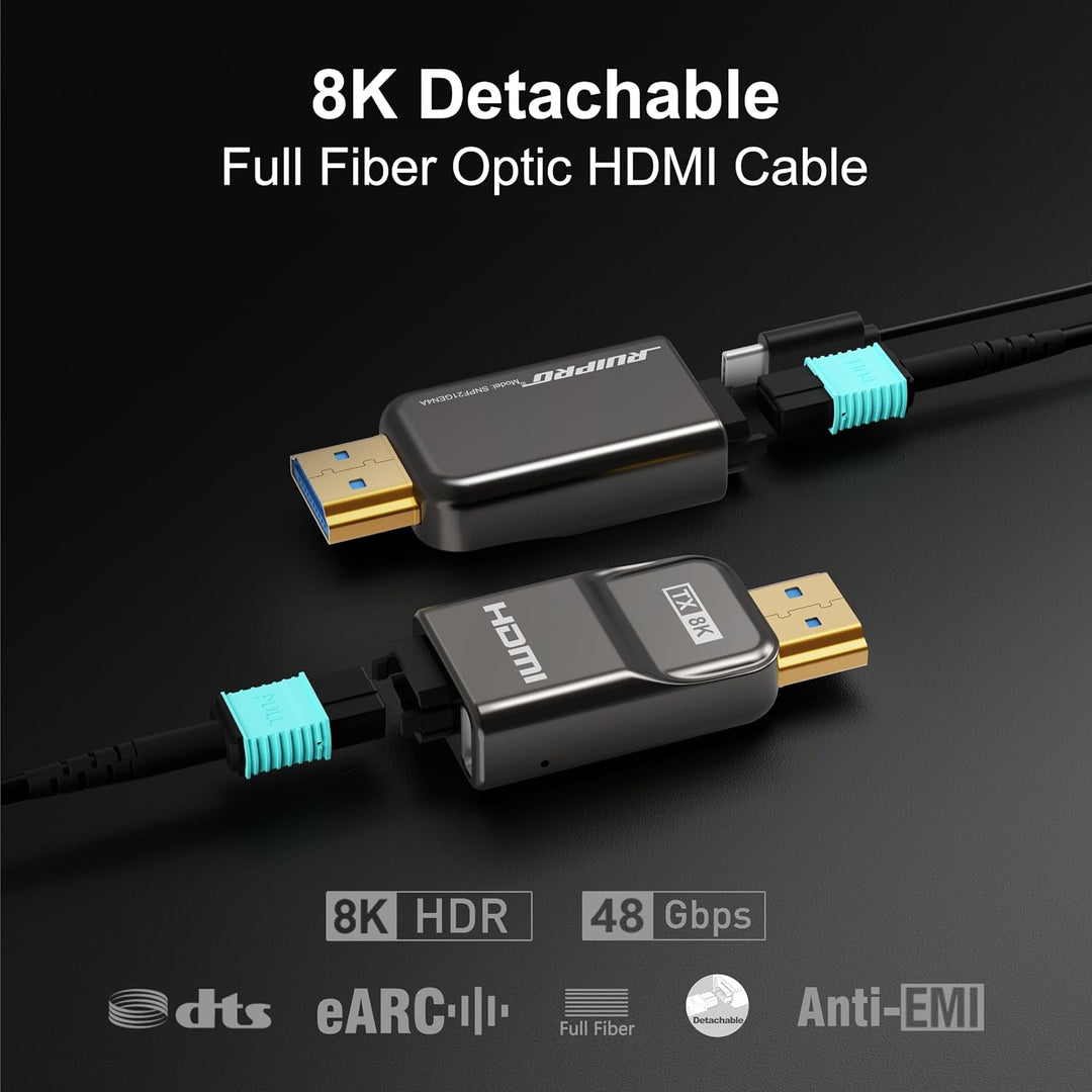 RUIPRO 8K HDMI 2.1 Kabel mit abnehmbarem Stecker aus reiner Glasfaser, 200 m, armiert, Ultra High Sp