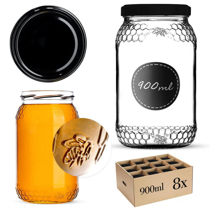 KADAX 8er Set Einmachgläser 900ml TO82 Schwarz, Grosse Sturzgläser mit Schraubdeckel, Einkochgläser