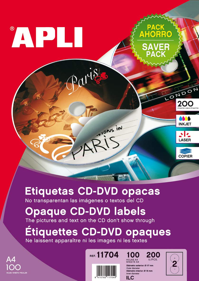 Apli - 200 Paket Klassische Cd/Dvd Etiketten Vollständige Abdeckung 117/18 weiss 86 Jahre vor Ort Ga