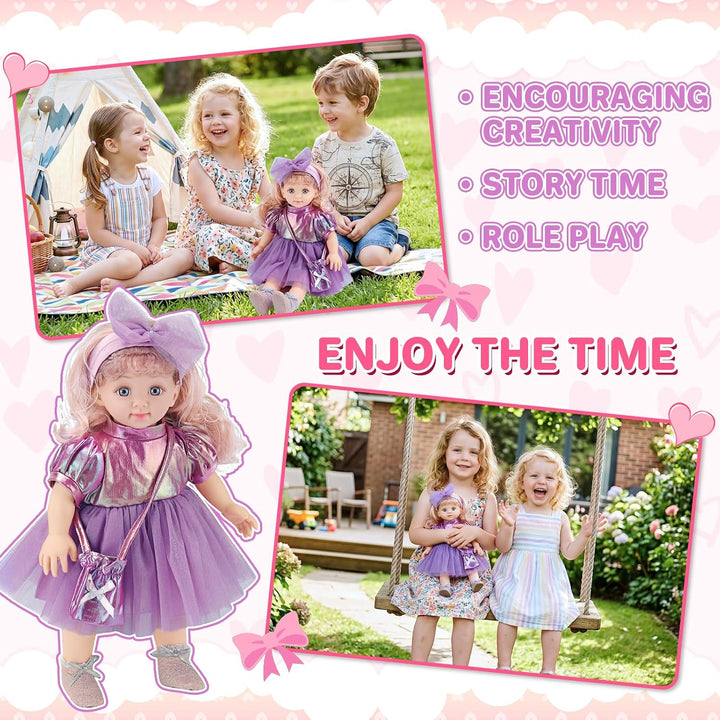 deAO 36CM Babypuppe Spielset mit 3 Puppenkleidung Tasche &amp; Haarzubehör