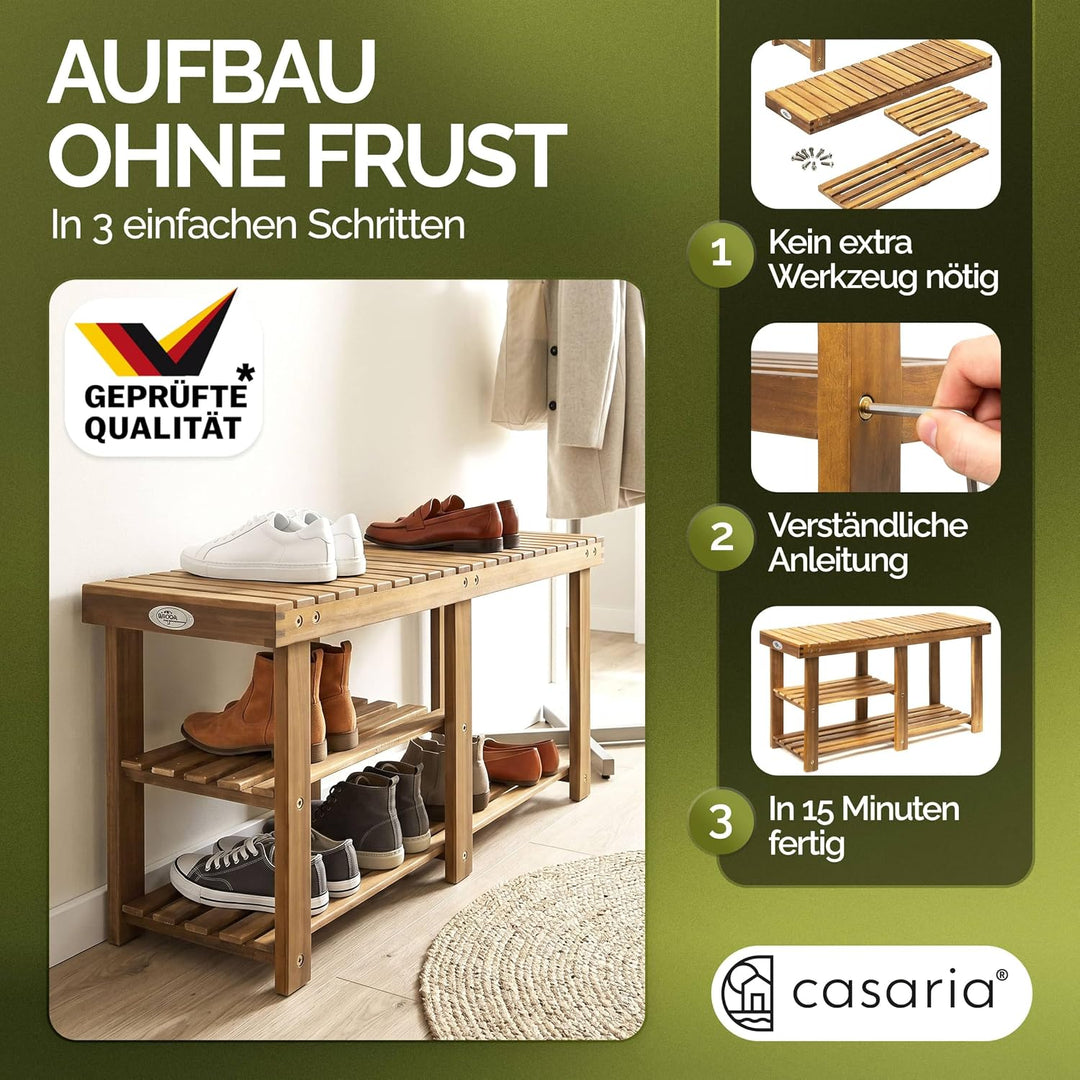 Casaria® Schuhbank mit Sitzfläche 87 x 45 x 30 cm 160kg Belastbarkeit 3 Ebenen Akazie Holz Massiv Fl