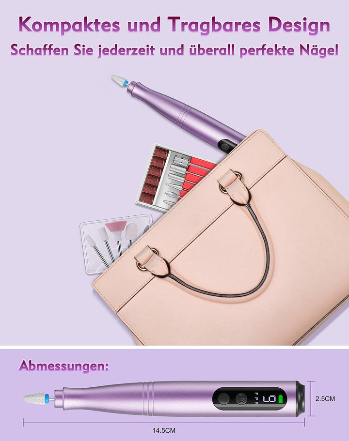 Nagelfräser Kabellos, 12 in 1 Elektrische Nagelfeile 9 Verstellbare Geschwindigkeit Fräser für Gelnä