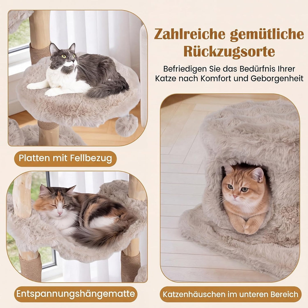 COSTWAY Kratzbaum Holz, 147 cm hoch, Katzenbaum mit Katzenhöhle, Beige